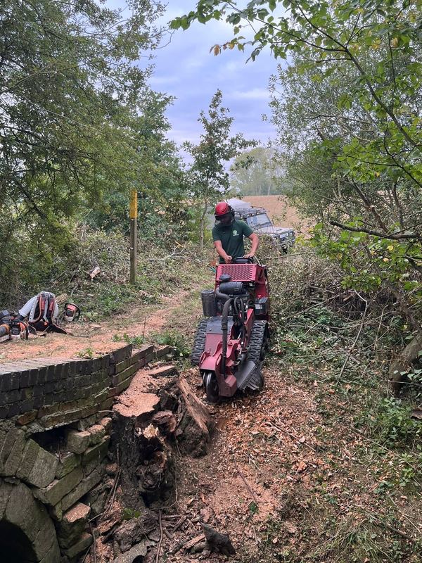 Tracked machine working along a narrow earth path cut into a bank
